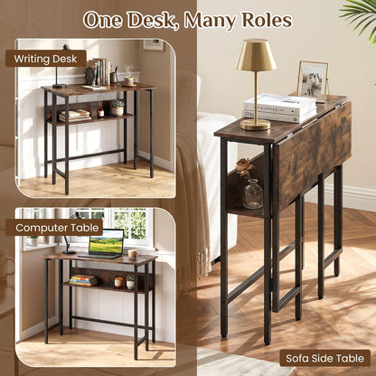 Small Folding Desk 80 CM with Storage Shelf & Drop Leaf for Home Office