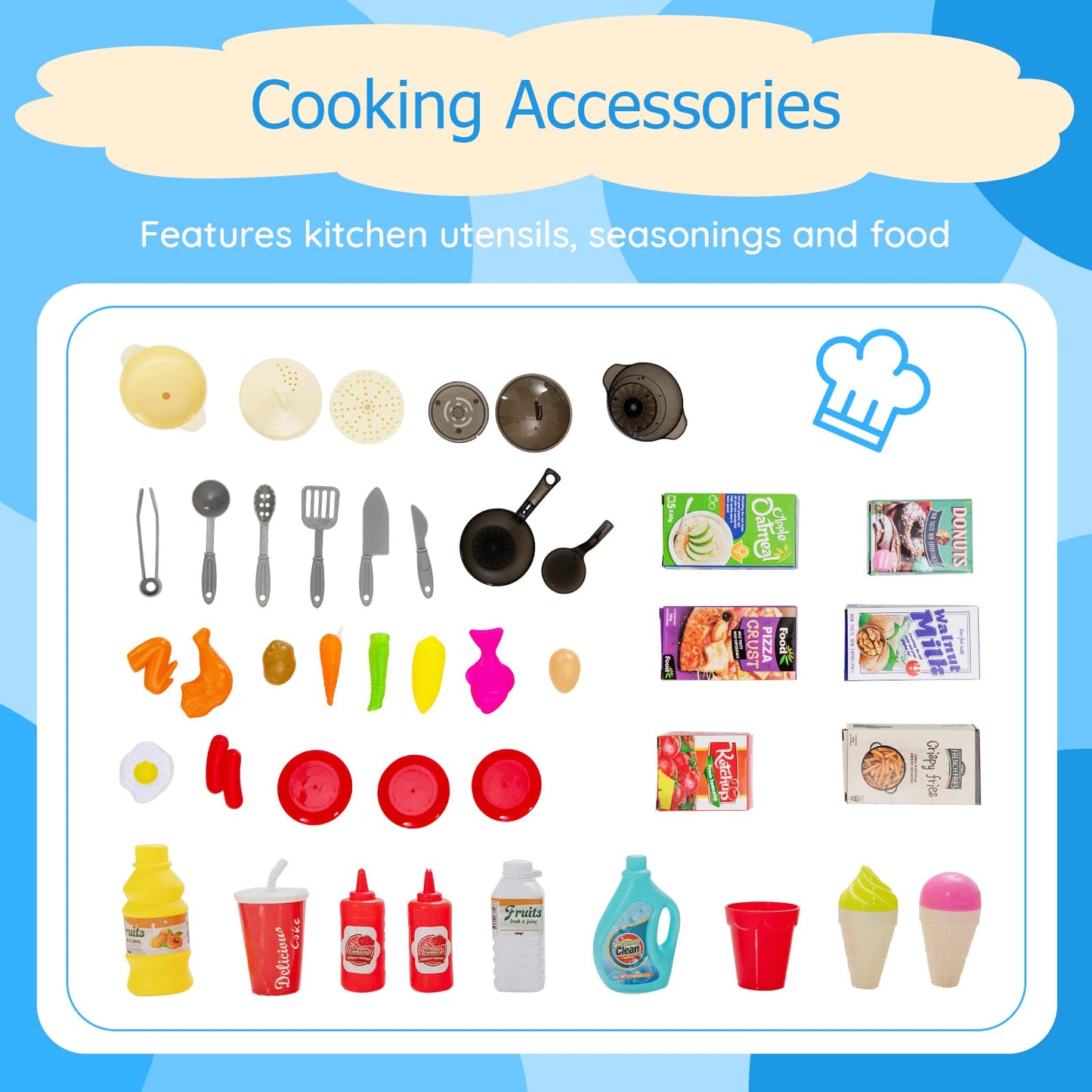 69 Pieces Kids Kitchen Playset Toy with Boiling and Vapor Effects