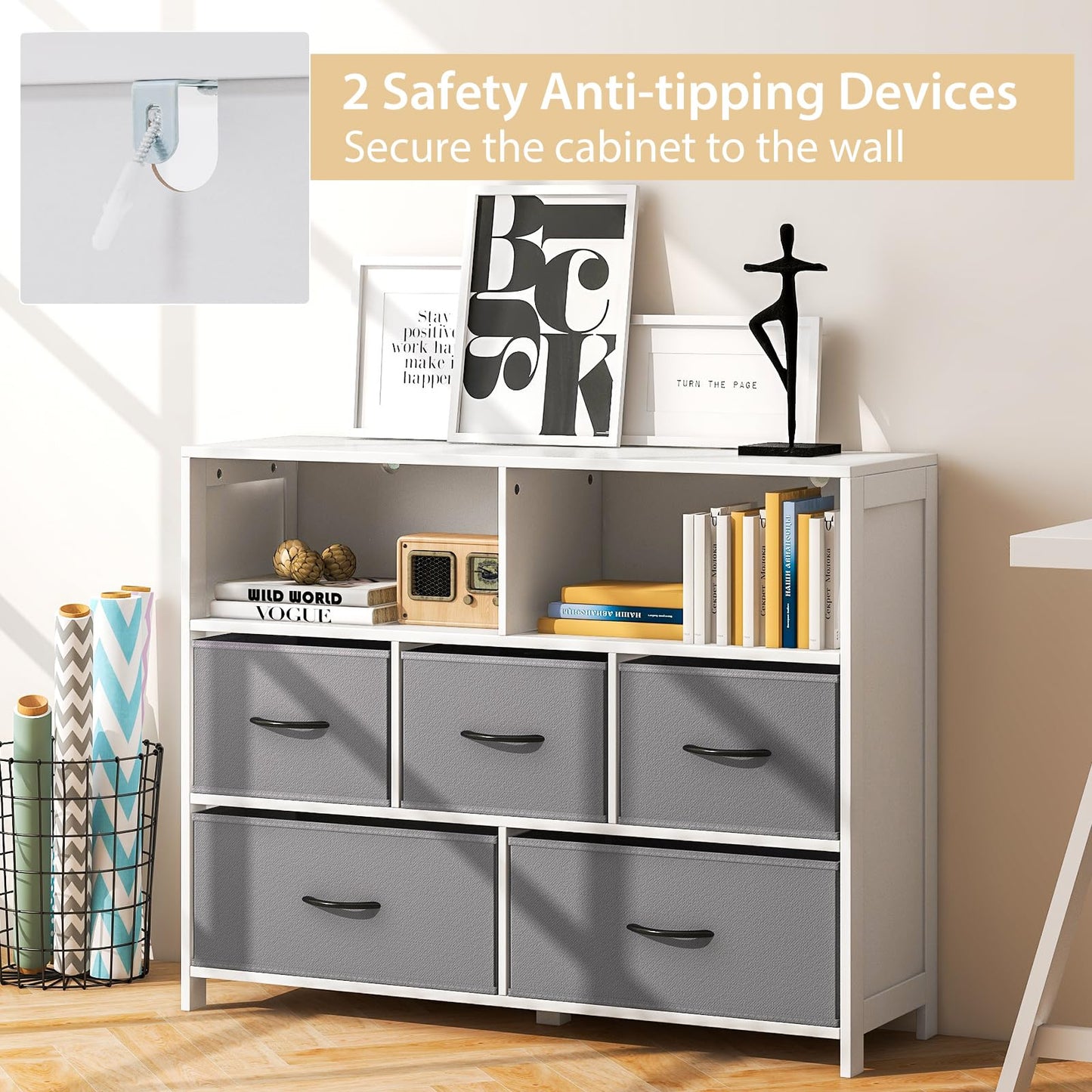 5-Drawer Dresser Fabric Chest of Drawers Cabinet with 5 Support Legs