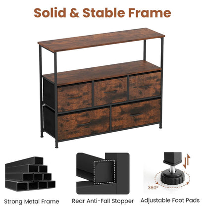 Chest of Drawers, Fabric 5-Drawer Dresser Chest Cabinet with 2 Wooden Open Shelves