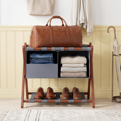 68 cm Foldable Bamboo Luggage Rack with Removable 2-Compartment Storage Bag