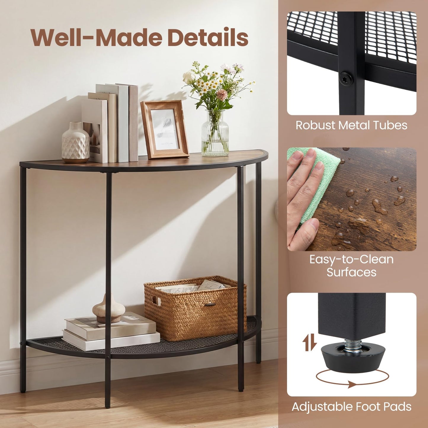 2-Tier Console Table, Half Moon Industrial Narrow Entryway Table
