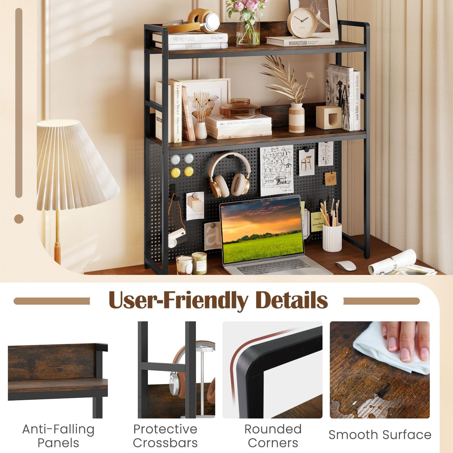 Multipurpose 2-Tier Desk Hutch with Pegboard for Home Office