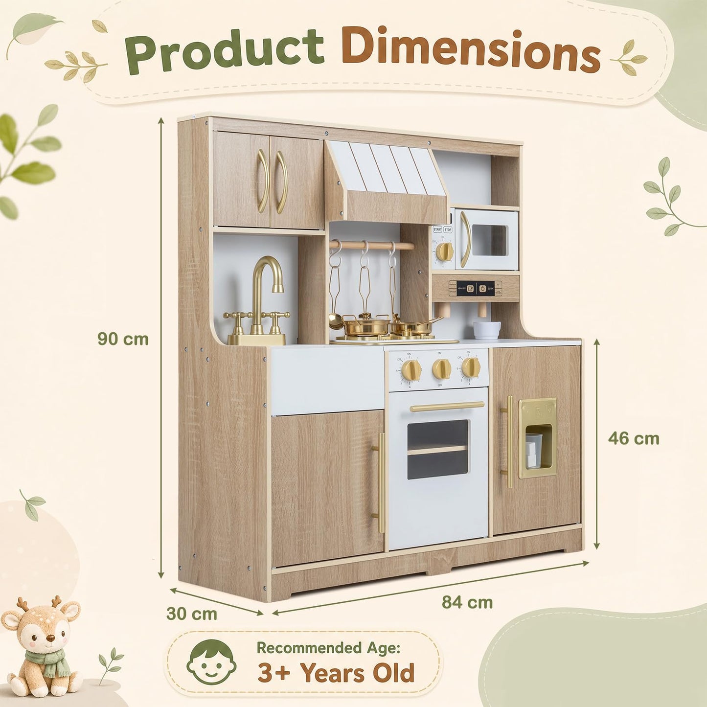 Kids Play Kitchen, Wooden Toy Kitchen with Stoves, Ice Maker, Oven