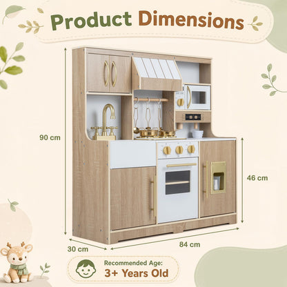 Kids Play Kitchen, Wooden Toy Kitchen with Stoves, Ice Maker, Oven