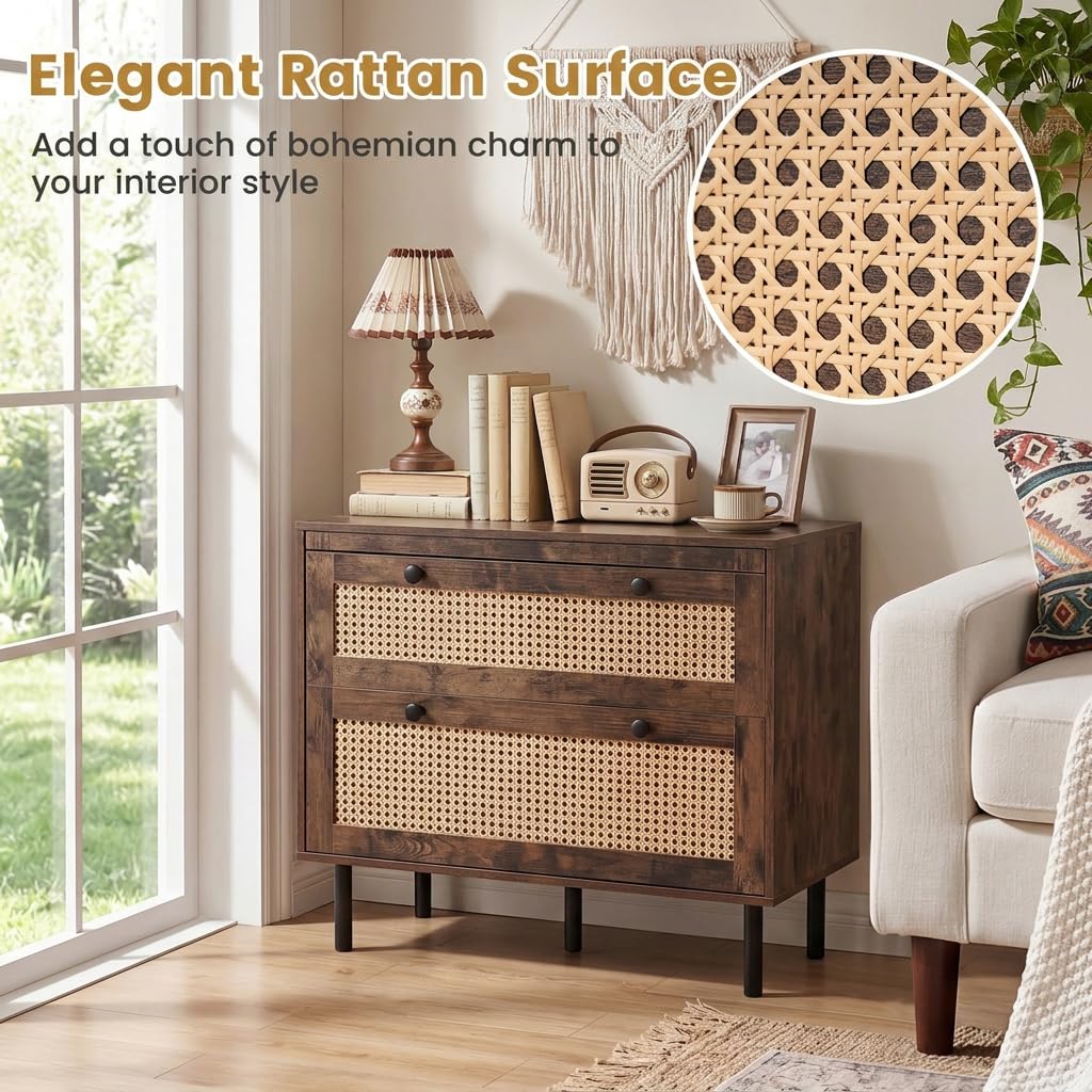 Chest of Drawers, 3-Drawer Boho Storage Dresser (Rustic Brown) | 75 cm Rattan Dresser Organizer Unit