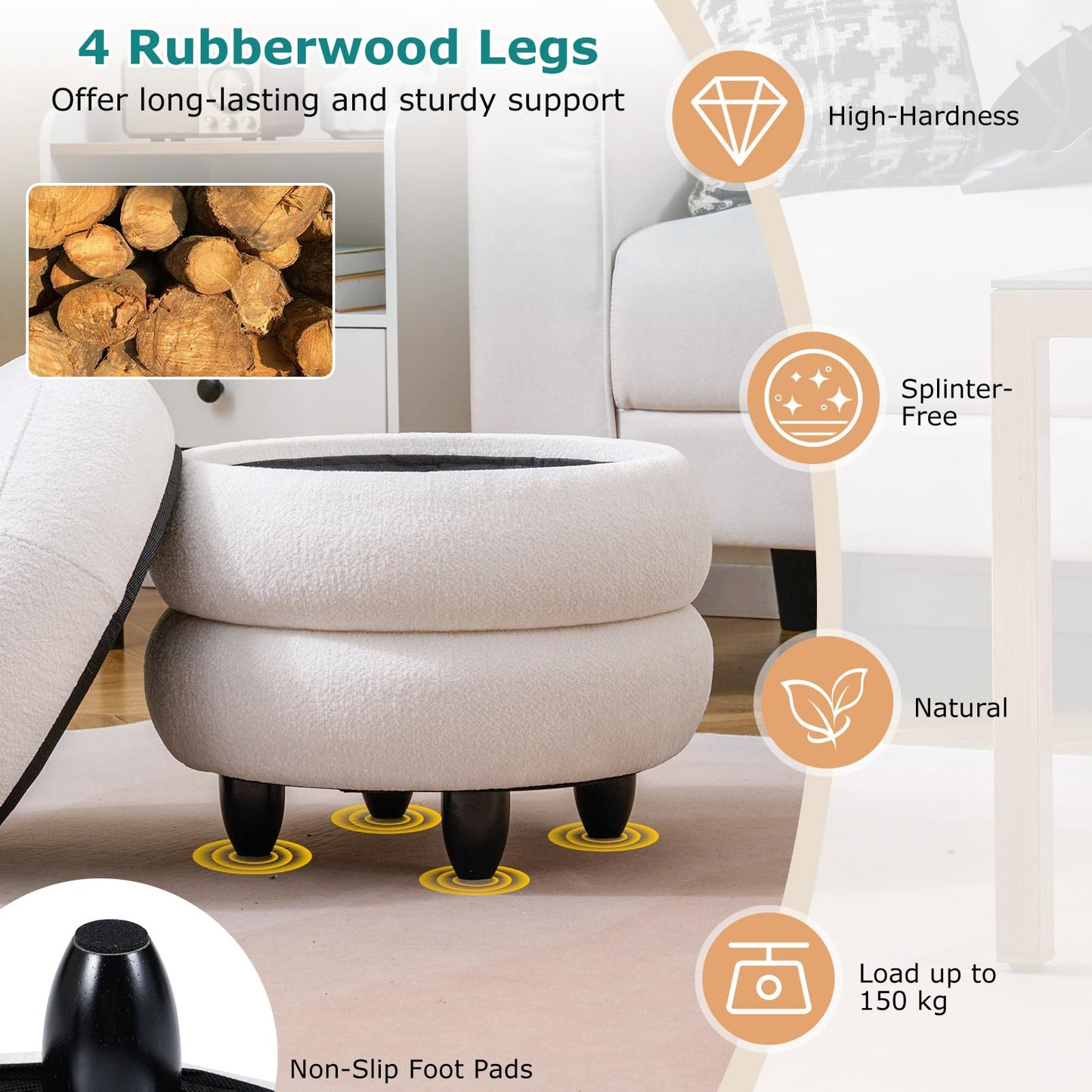 Modern Round Storage Ottoman with Removable Lid and Rubberwood Legs