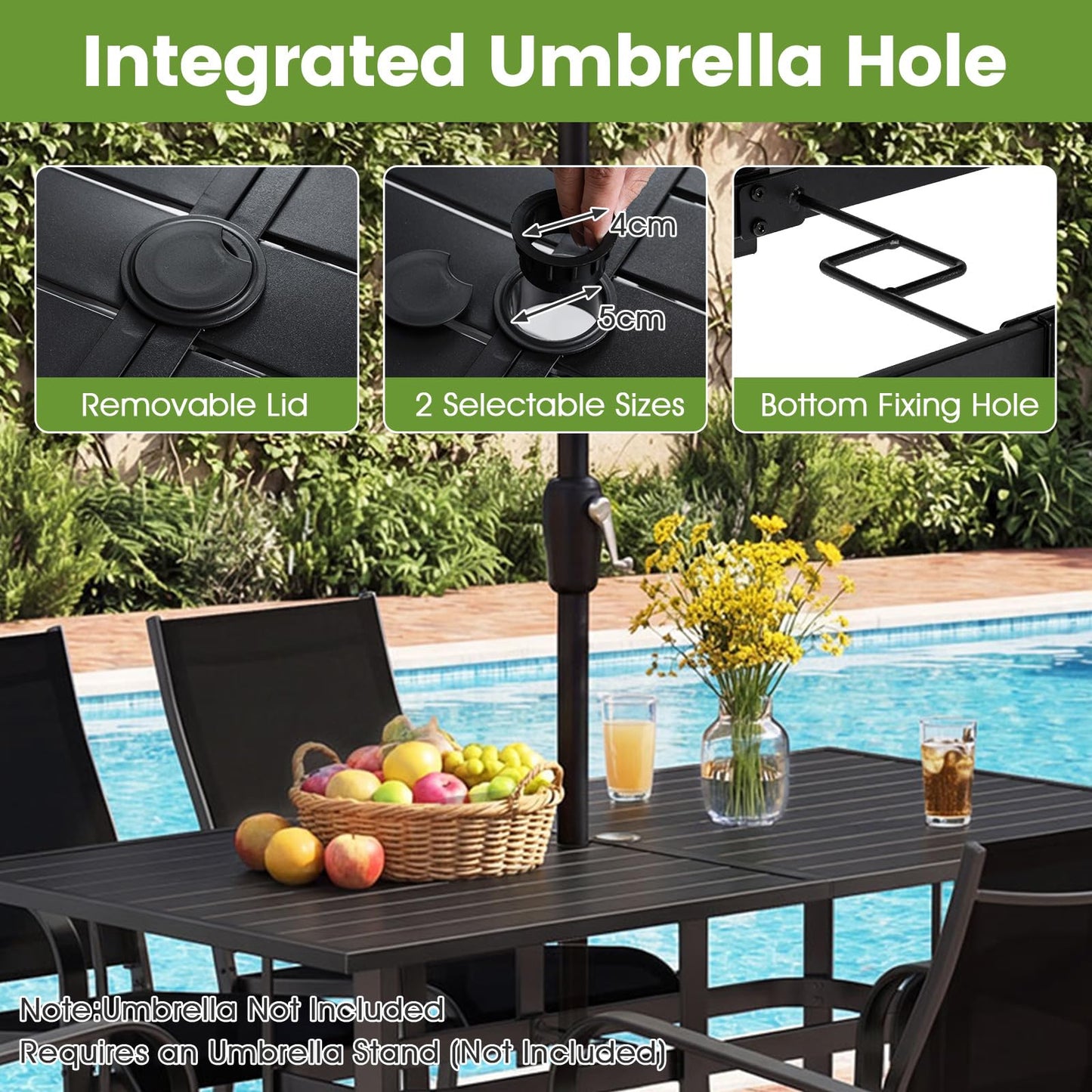 Patio Dining Table for 6 160CM Rectangle Metal Slat Table with Umbrella Hole