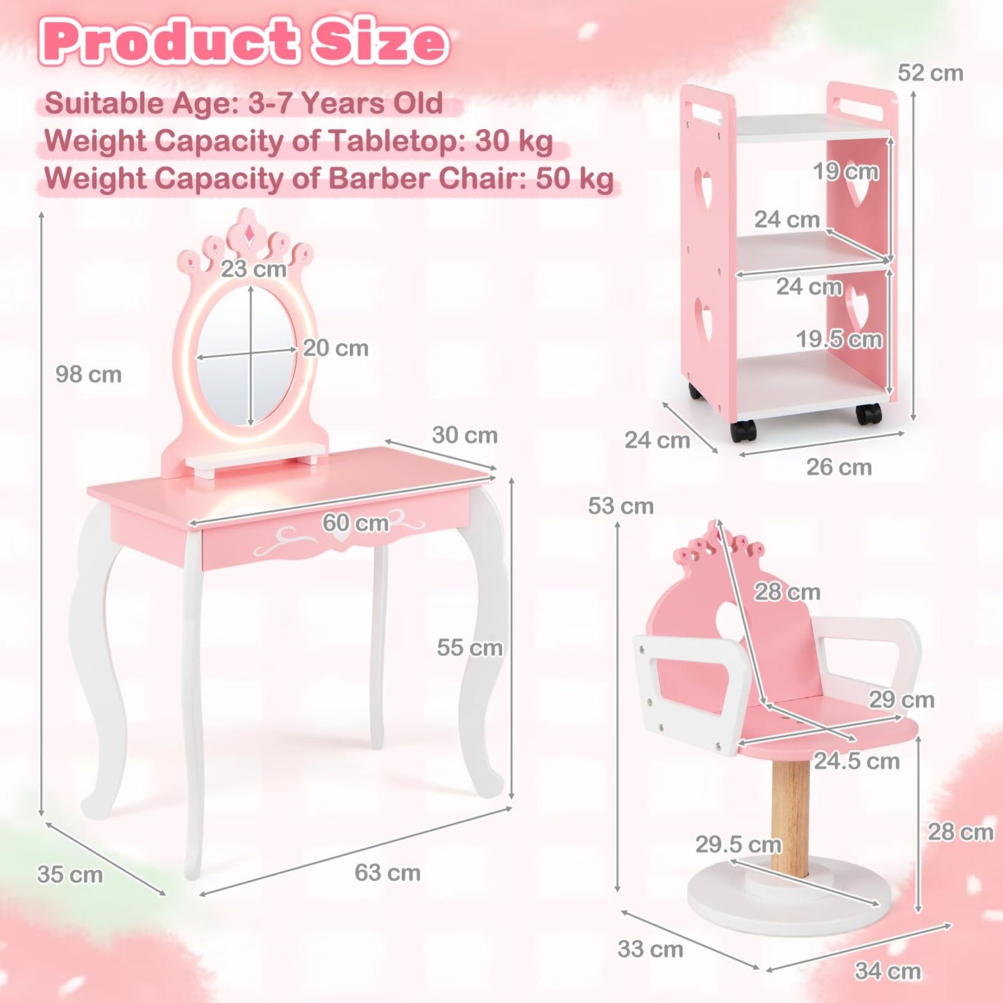 Kids Vanity Table and Chair Set, Girls Dressing Table