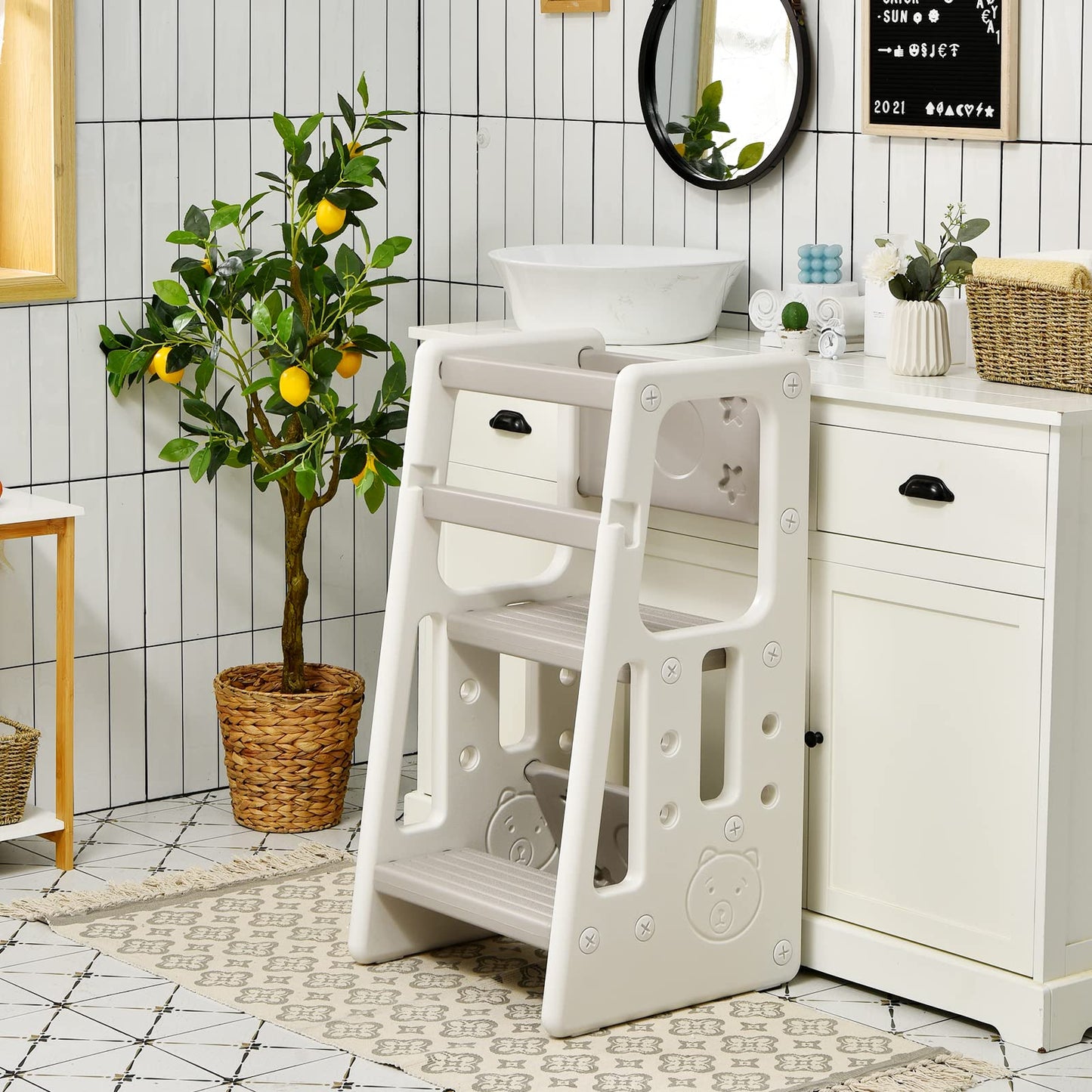 Height Adjustable Toddlers Kitchen Helper Stand with Double Safety Rails