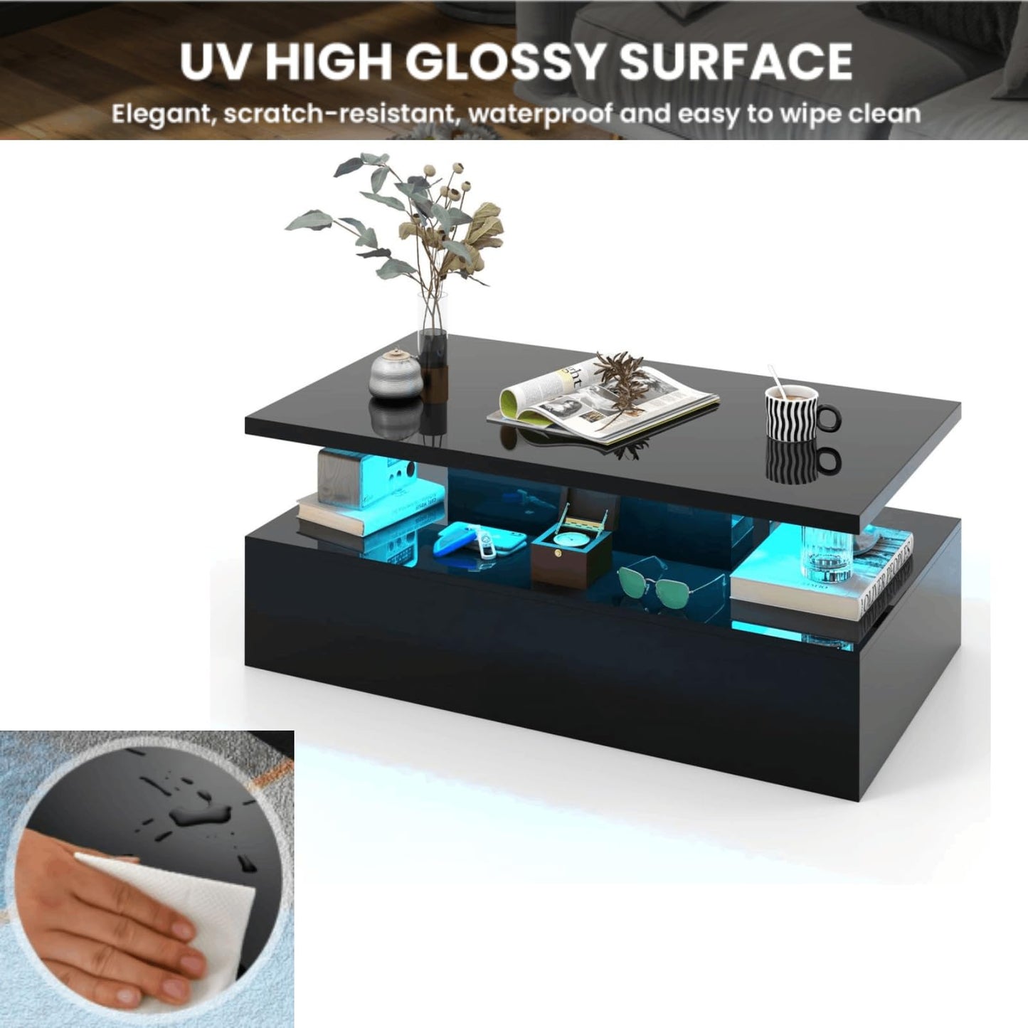 LED Coffee Table, 2 Tier Cocktail Center Table with Adjustable Light Colors