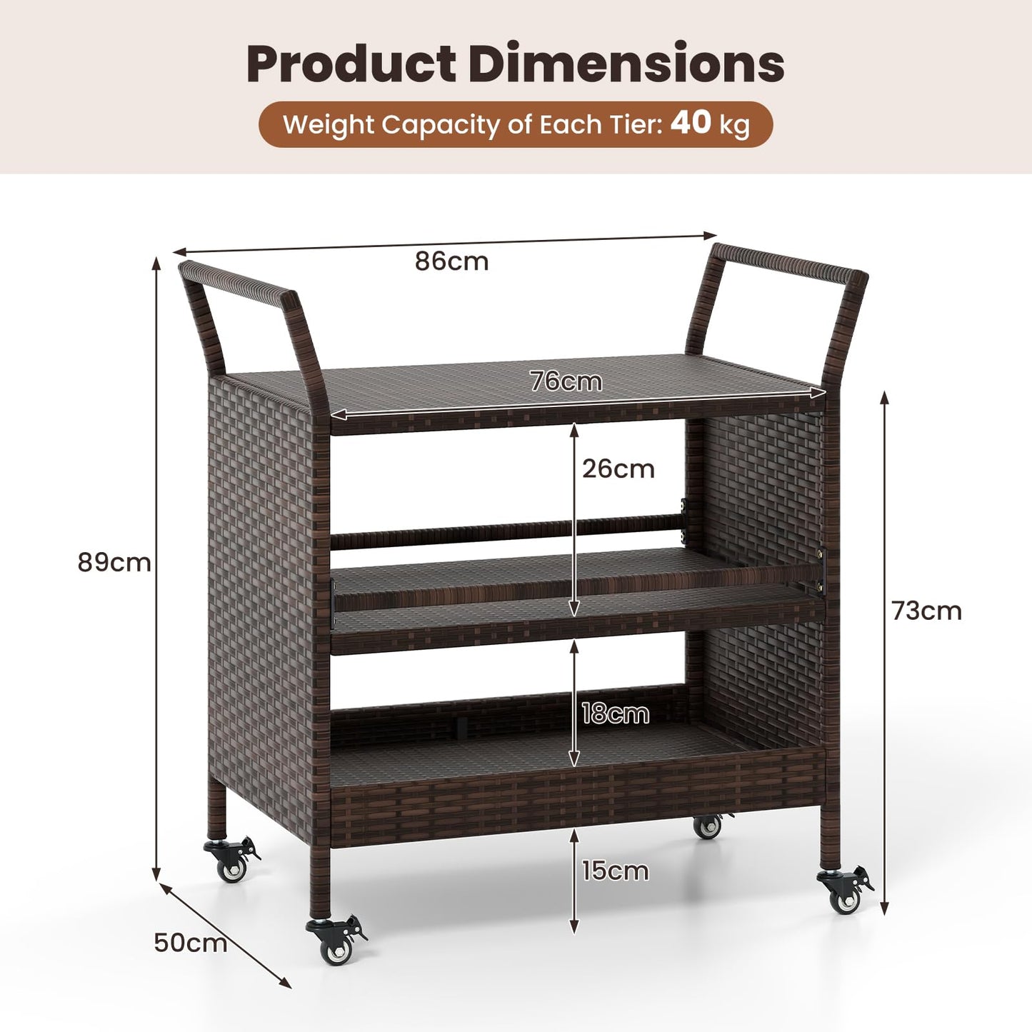 Outdoor Bar Cart 3-Tier Patio Rattan Storage Shelf with Lockable Universal Wheels