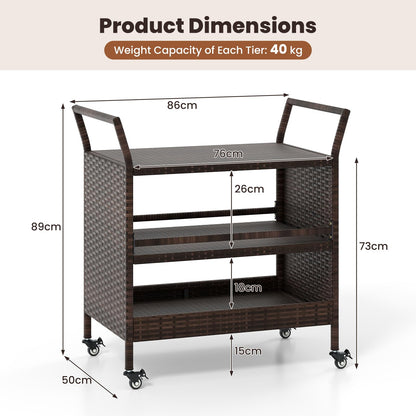 Outdoor Bar Cart 3-Tier Patio Rattan Storage Shelf with Lockable Universal Wheels