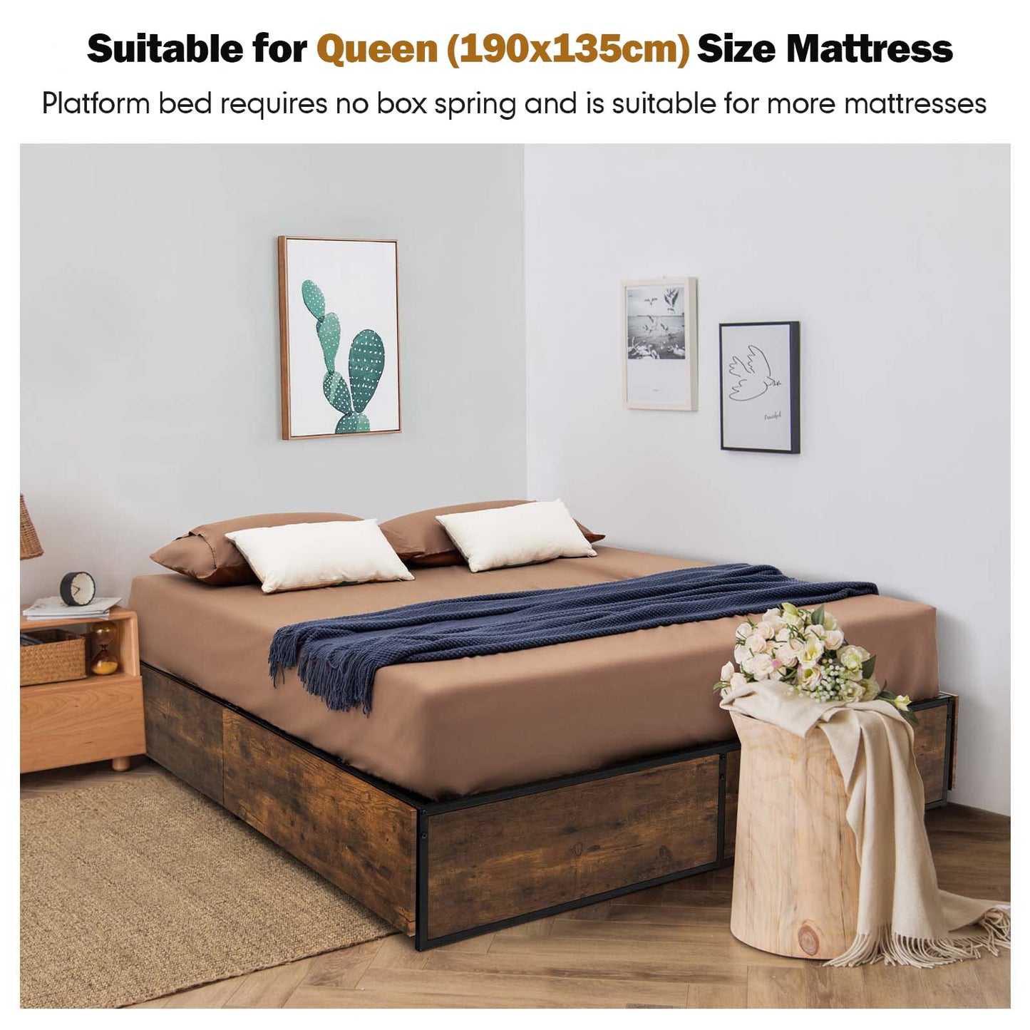 4 Feet Double Metal Bed Frame with 4 Rolling Underbed Storage Drawers