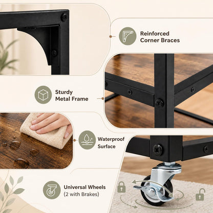 Rolling Side Table, 3-Tier Mobile End Table