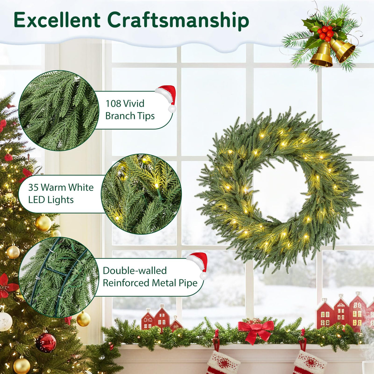 60cm/24inch Pre-Lit Christmas Wreath with LED Lights