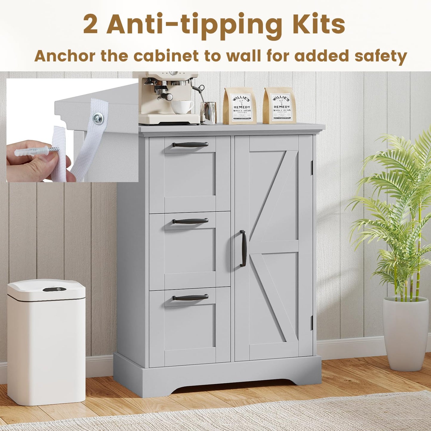 Farmhouse Floor Cabinet with Barn Door, Freestanding Bathroom Storage Organizer