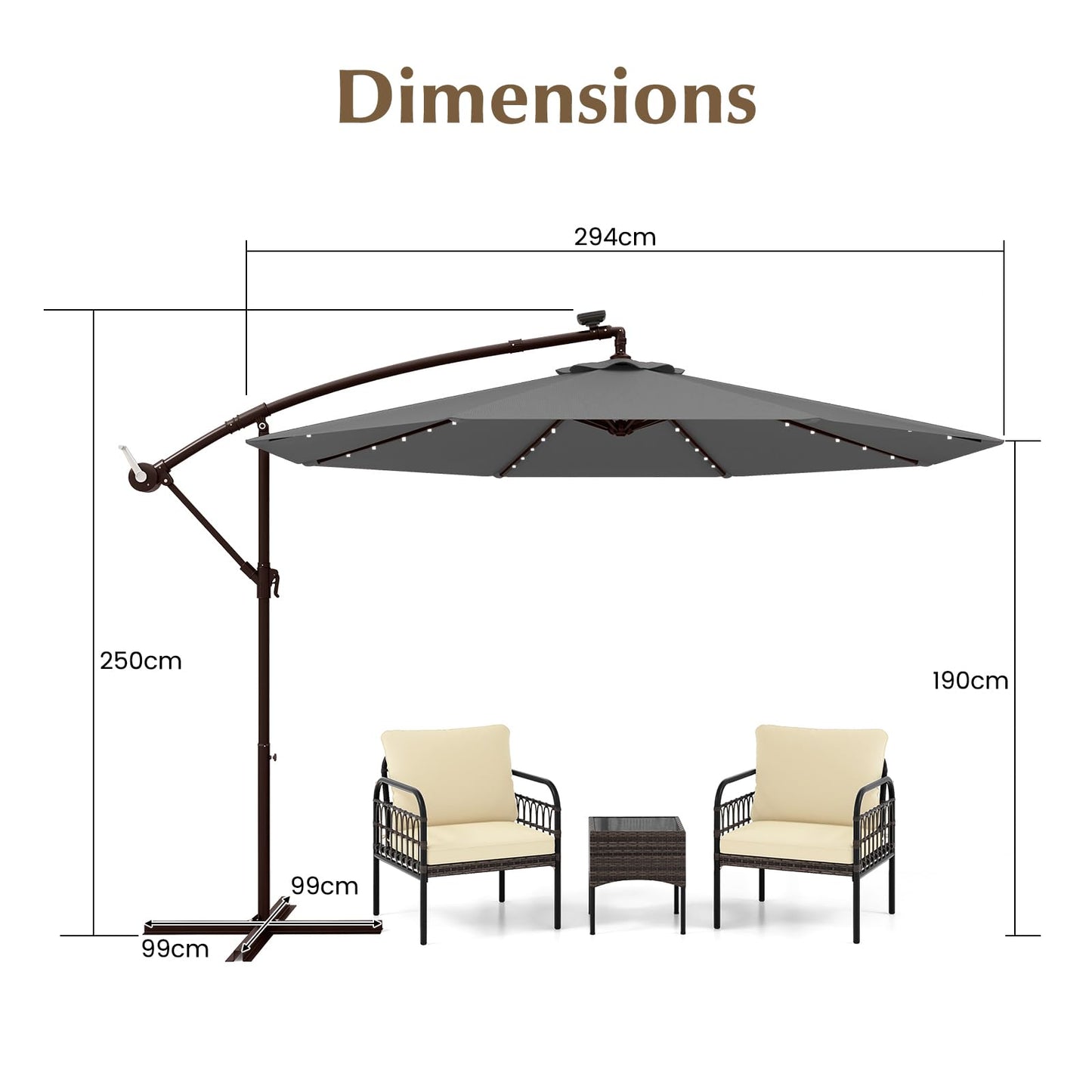 294 cm Solar Patio Offset Umbrella Cantilever Umbrella with 40 LED Lights