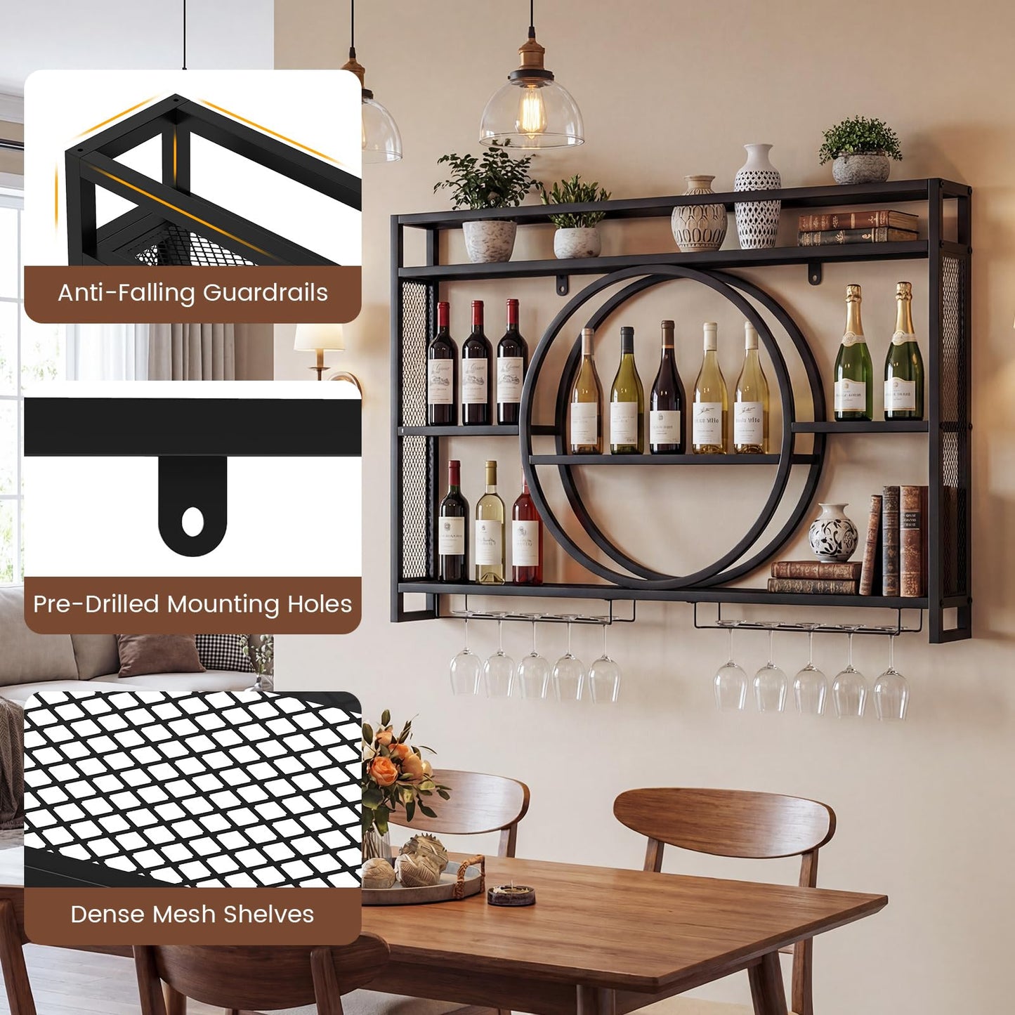 Wall Mounted Wine Rack, 5-Tier Hanging Bar Shelves with Glass Holder
