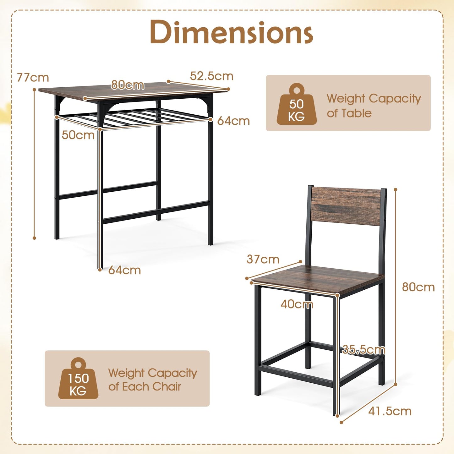 Dining Table Set for 2 with Metal Frame and Storage Rack
