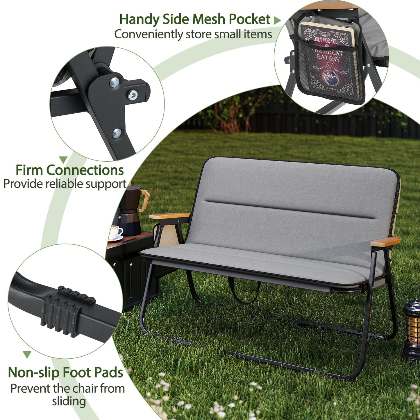 Double Camping Chair, 2-Person Folding Loveseat with Detachable Cushion