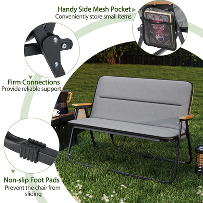 Double Camping Chair, 2-Person Folding Loveseat with Detachable Cushion