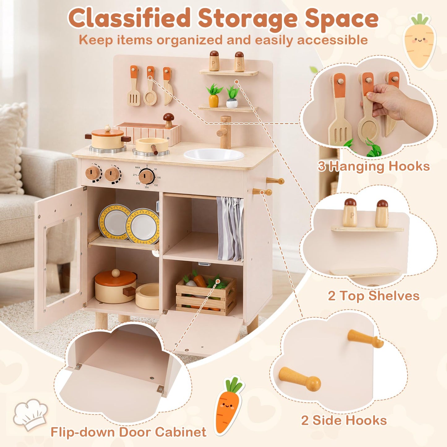 Kids Play Kitchen, Wooden Toy Kitchen with Stoves