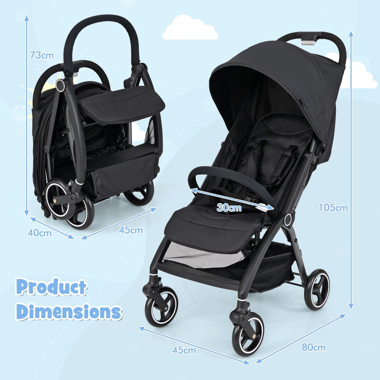 One Hand Foldable Toddler Stroller with Adjustable Backrest & Canopy