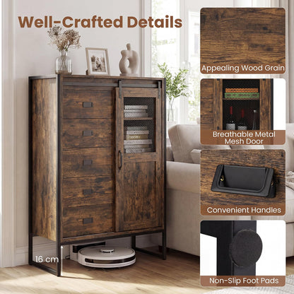 Storage Cabinet with Sliding Door & 5 Drawers