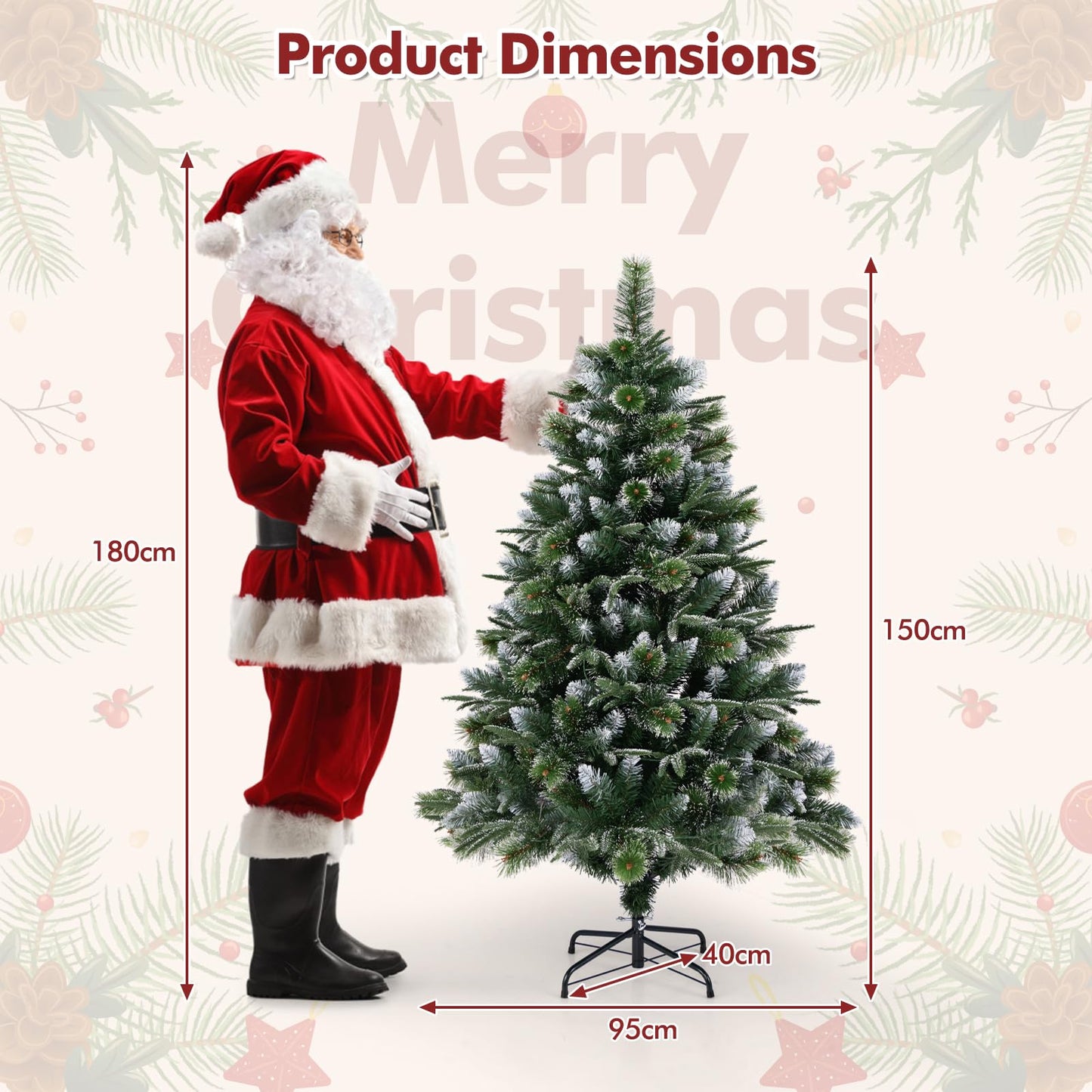 180/150 CM Pre-Lit Artificial Christmas Tree with 856/476 Pine Needles/Flocked PVC/PE Tips