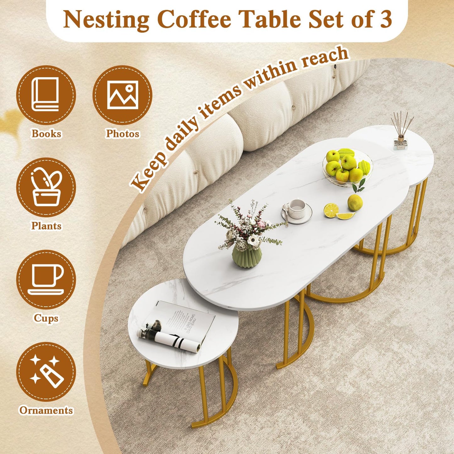 3-Piece Nesting Coffee Table Set 110cm Coffee Table with 2 Side Tables