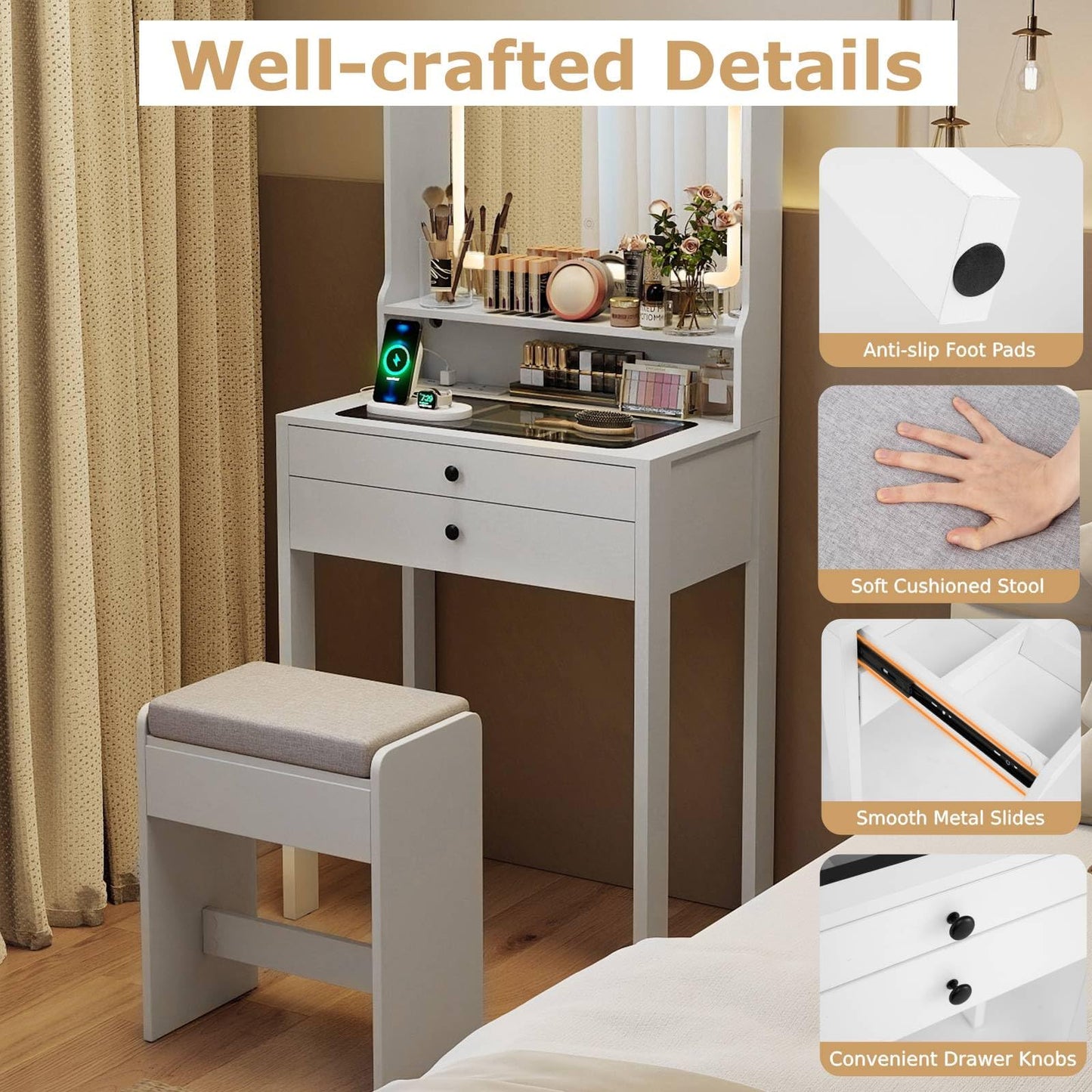 Vanity Desk with Power Outlets and 3 Color Lighting Modes for Bedroom