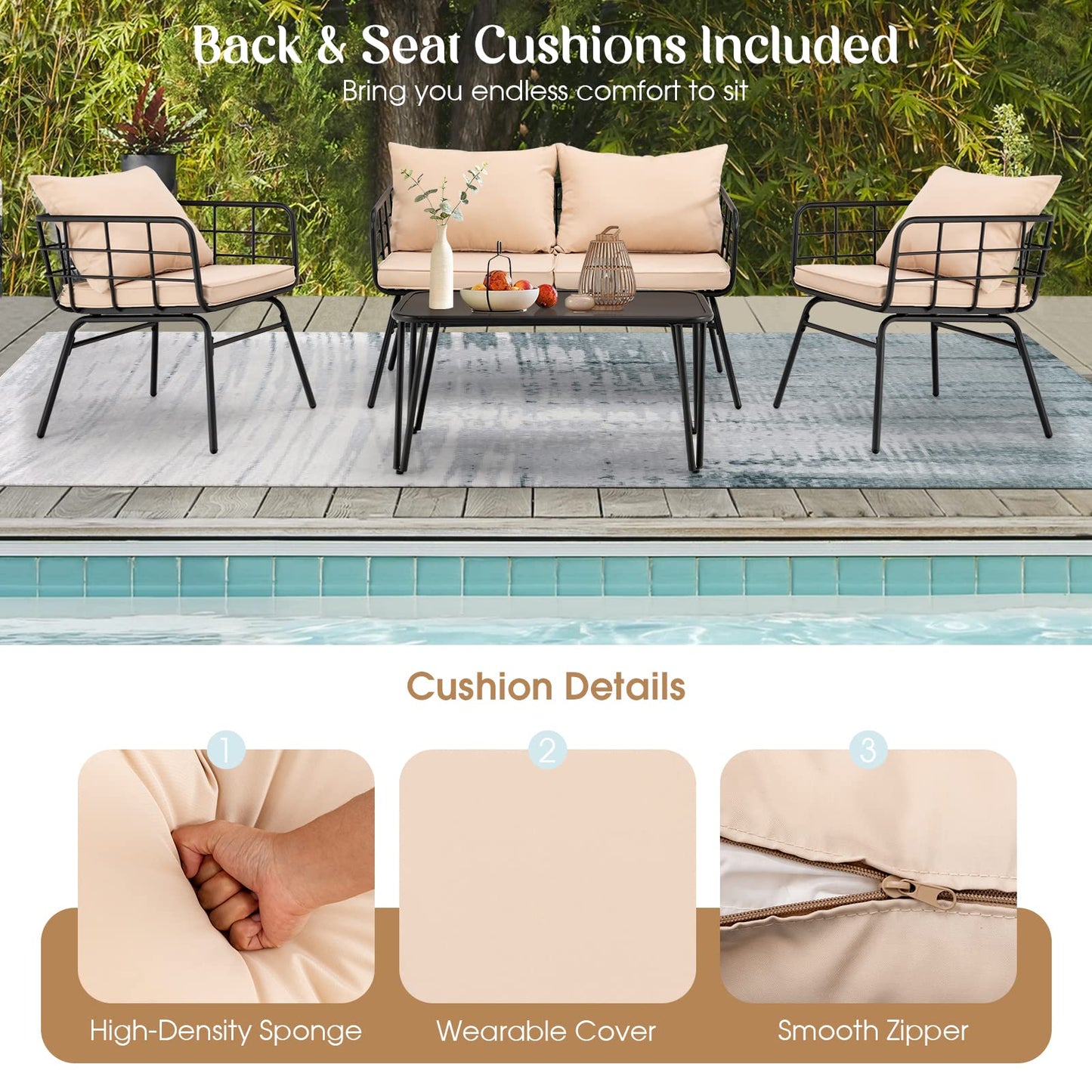 4 Piece Patio Conversation Set with Seat Back Cushions