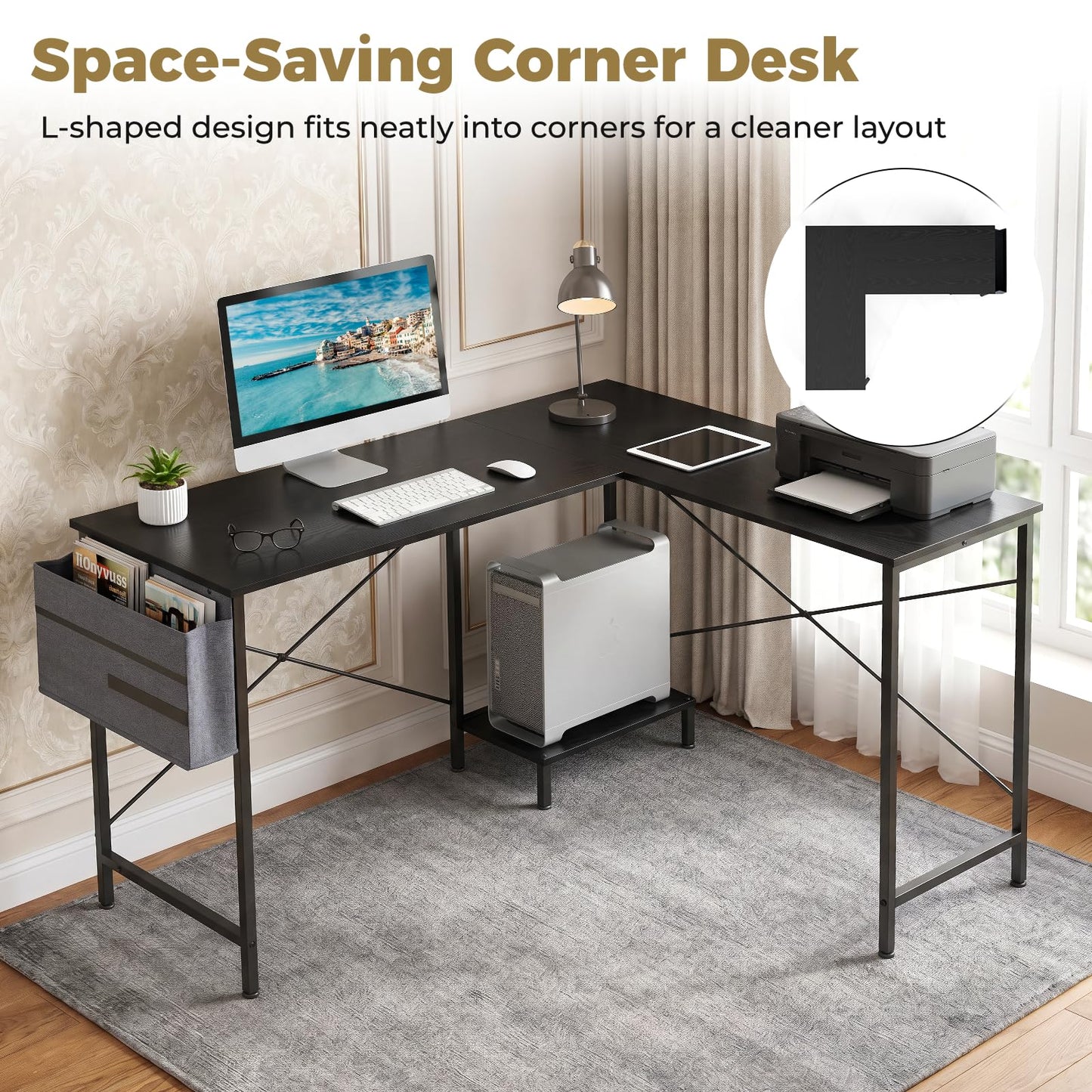 L-Shaped Computer Desk, Metal Frame Reversible Double Study Writing Workstation