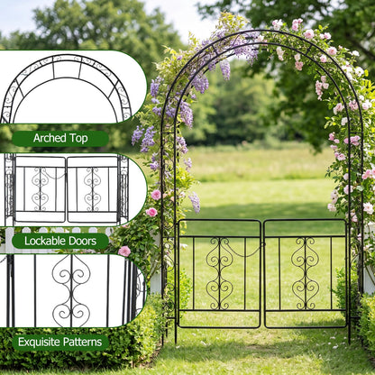 Garden Arch with Gate, Metal Pergola Arbor Trellis for Climbing Plant Rose Vines