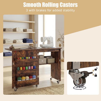 Folding Sewing Table with Storage Shelf and 3 Hidden Bins for Home