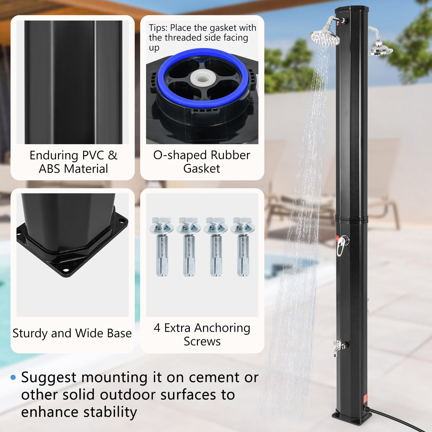 217cm/7ft Outdoor Solar Heated Shower 35L Garden Adjustable Temperature Pressure Pool Shower with Dual 360°Swivel Shower Heads