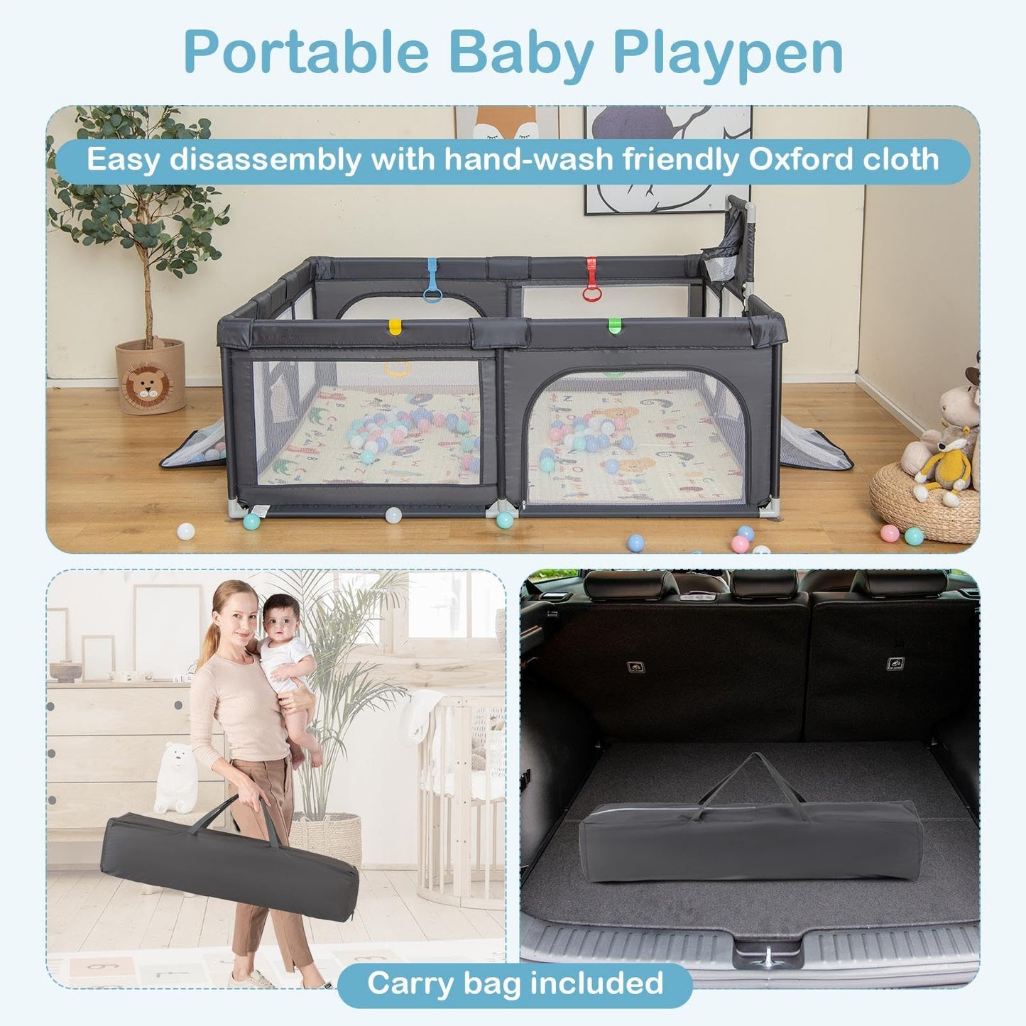 Toddler Mesh Play Pen with Mat, Pull Rings