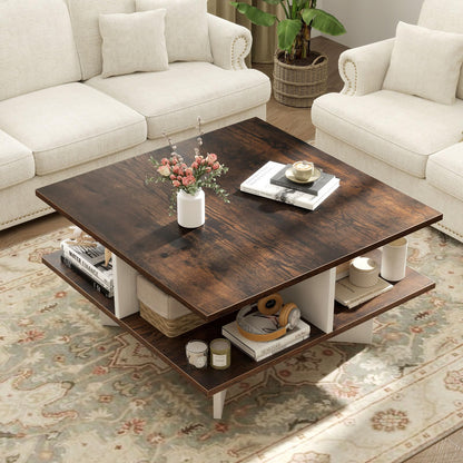 2-Tier Industrial Wooden Square Coffee Table with 4 Storage Shelves