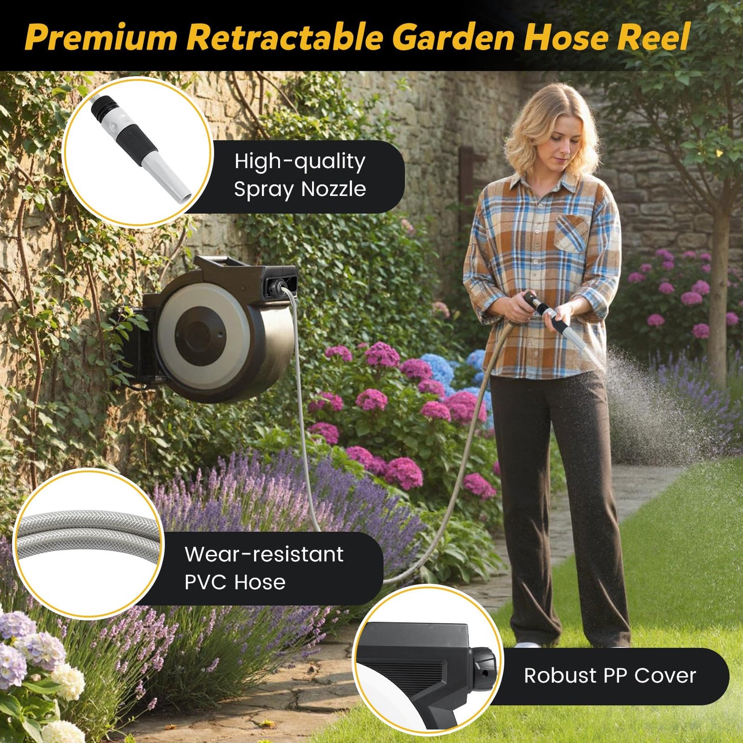 30M Retractable Hose Reel, Wall Mounted Garden Hose with 2 M Lead in Hose