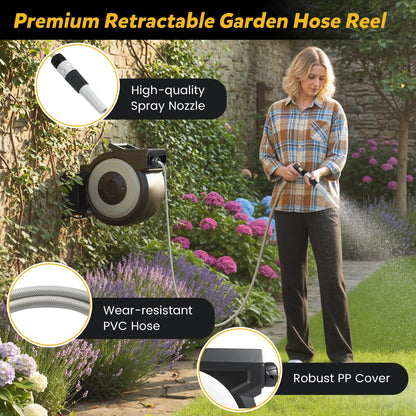 30M Retractable Hose Reel, Wall Mounted Garden Hose with 2 M Lead in Hose