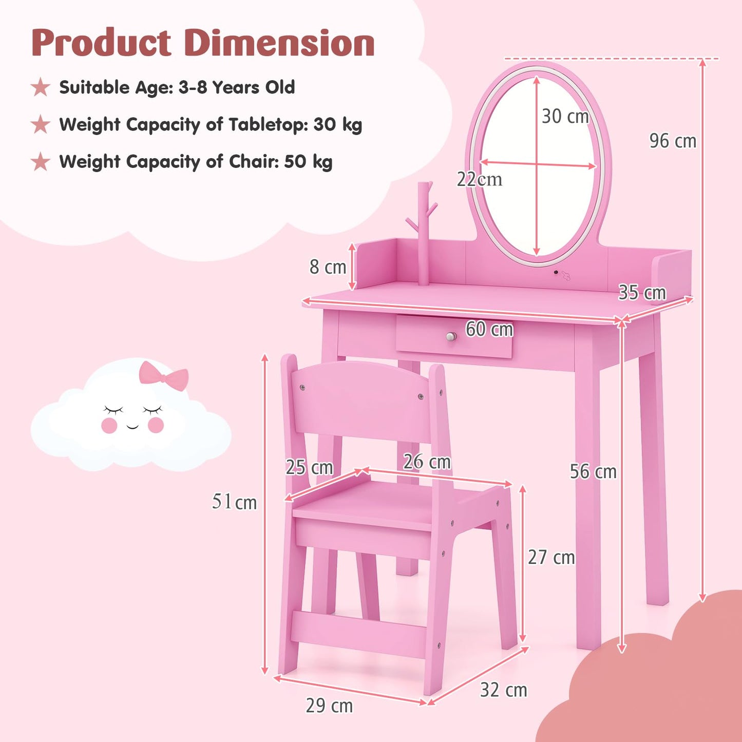 Kids Vanity Set Makeup Beauty Dressing Table and Chair with Lighted Mirror
