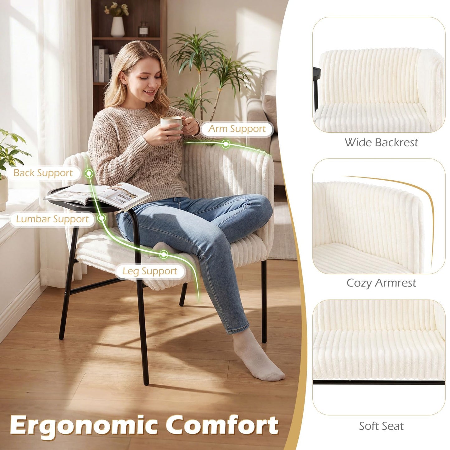 Armchair Accent Chair with Tray Table, Modern Corduroy Upholstered Single Sofa Lounge Armchair