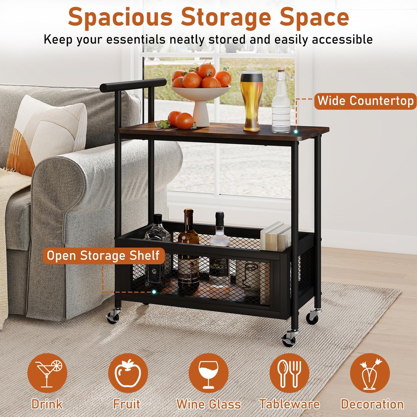 Rolling End Table with Handle 2-Tier Sofa Side Table with Open Shelf