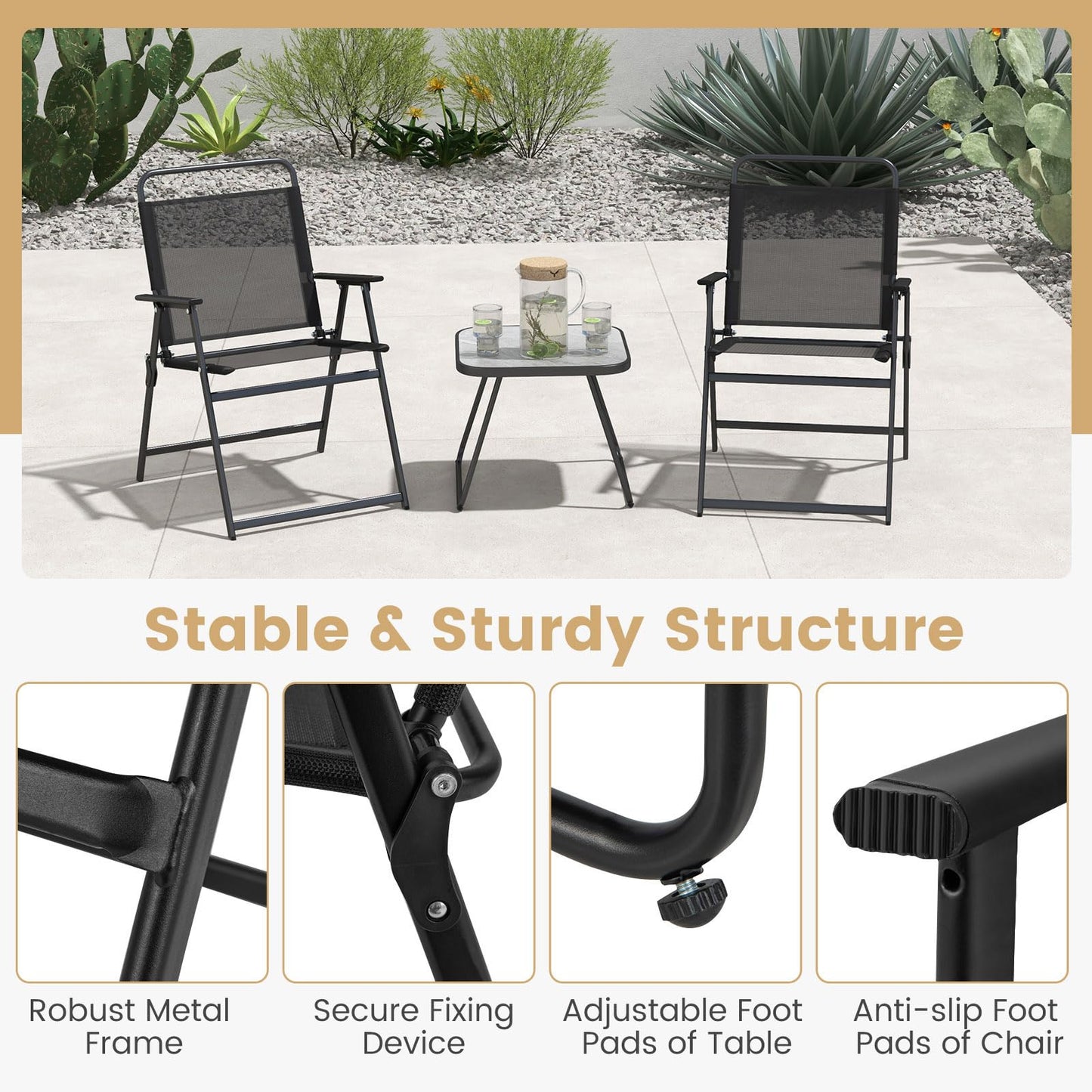 Garden Folding Chairs and Table Set with Marble-like Tabletop
