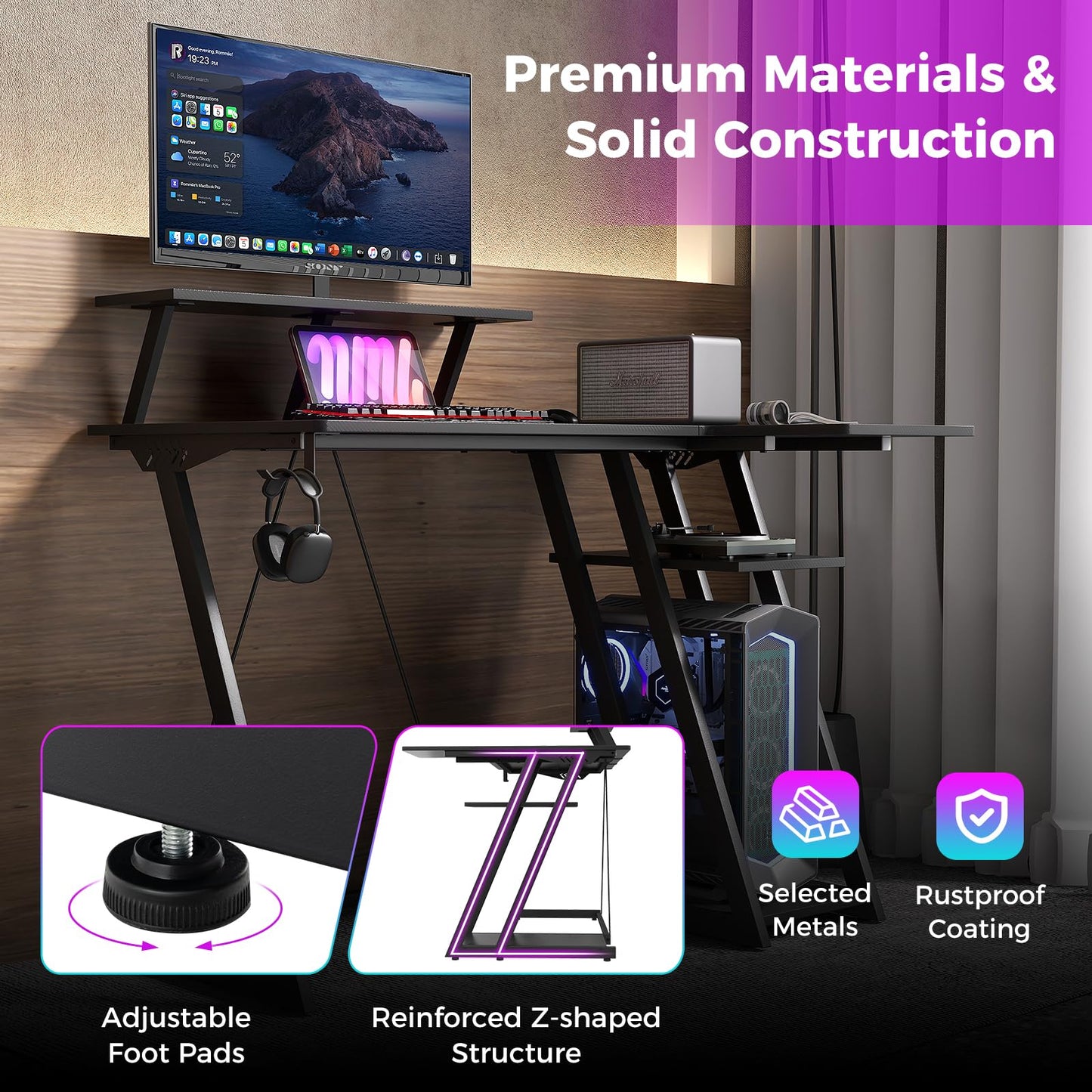 L-Shaped Gaming Desk with Outlets USB Ports and Monitor Shelf