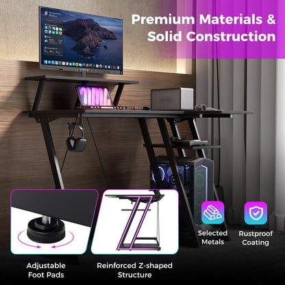 L-Shaped Gaming Desk with Outlets USB Ports and Monitor Shelf