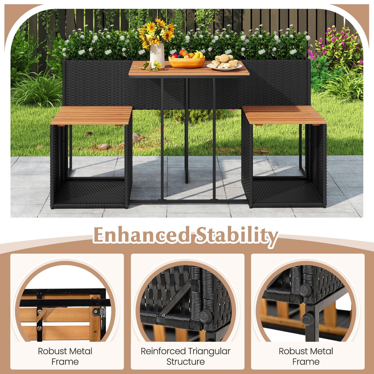 PE Rattan Garden Planter Table with Built-in Chairs and Storage Space