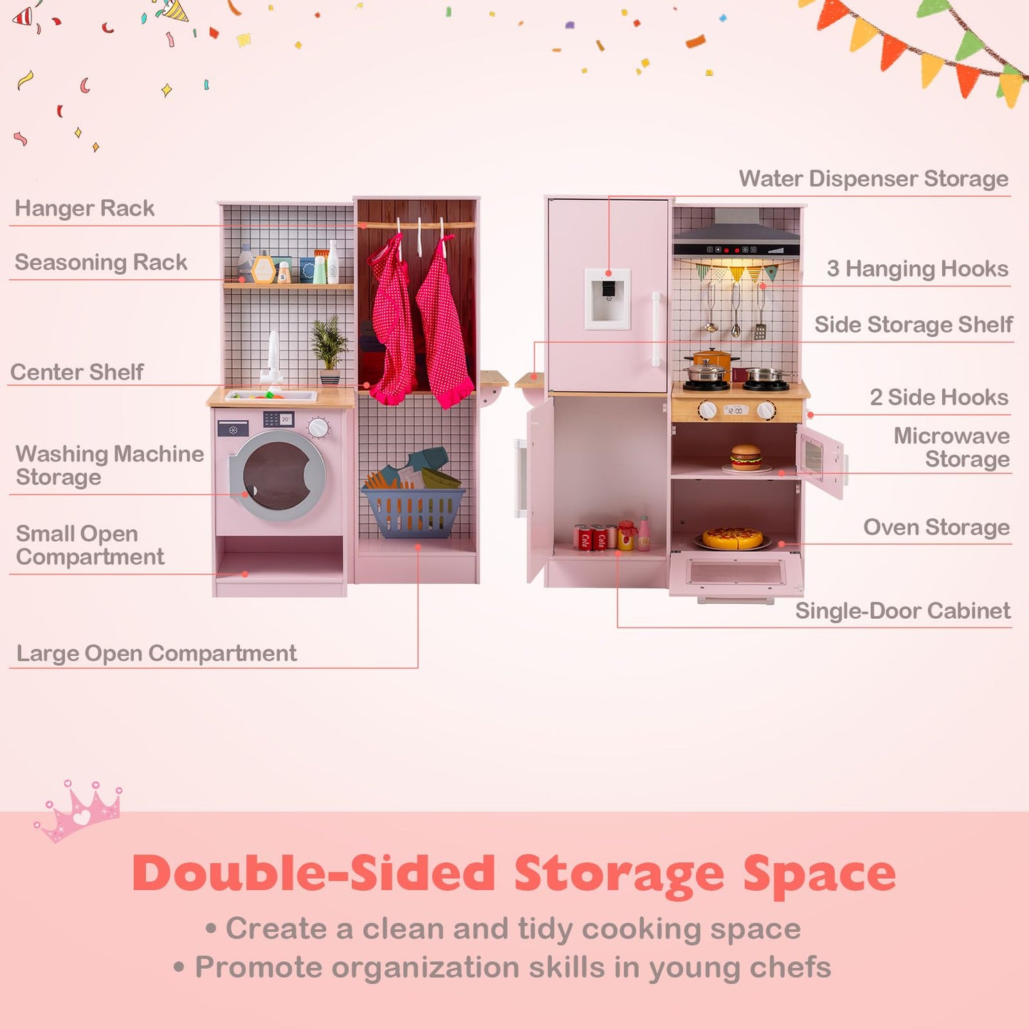 Kids Play Kitchen, Dual-Sided Toddler Pretend Laundry Toy Kitchen Playset