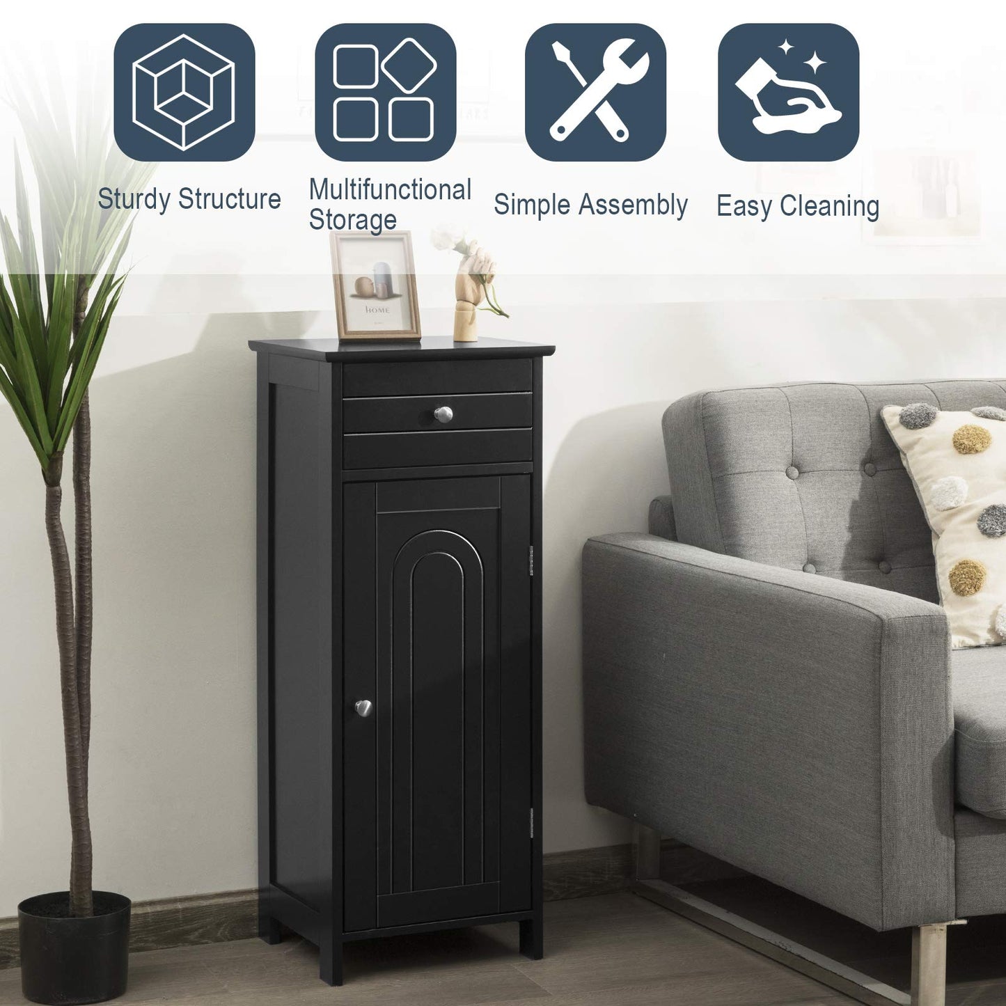 Floor Standing Wooden Cupboard with Single Door and Drawer